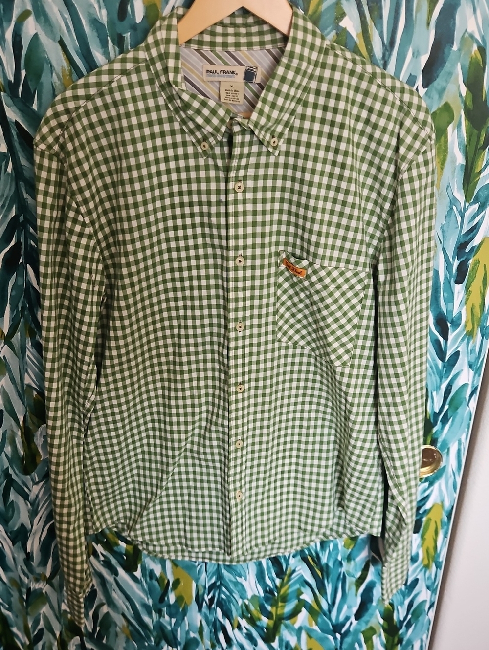 Paul Frank Mens Dept Green and White Gingham Button-Down Shirt - Size XL